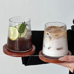 Japanese-Style Vertical Stripe Mount Fuji Cup ins Style Glass Cup with Coaster Flat-Bottomed Cup Coffee Cup Household Cold Drink Cup Water Cup