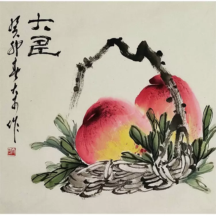中国古美術・桃図三尺画芯・斉白石印款・水墨彩色画・純手描き・文房・宣紙・带水印 中国古美術・桃図三尺画芯・斉白石印款・水墨彩色画・純手描き・文房