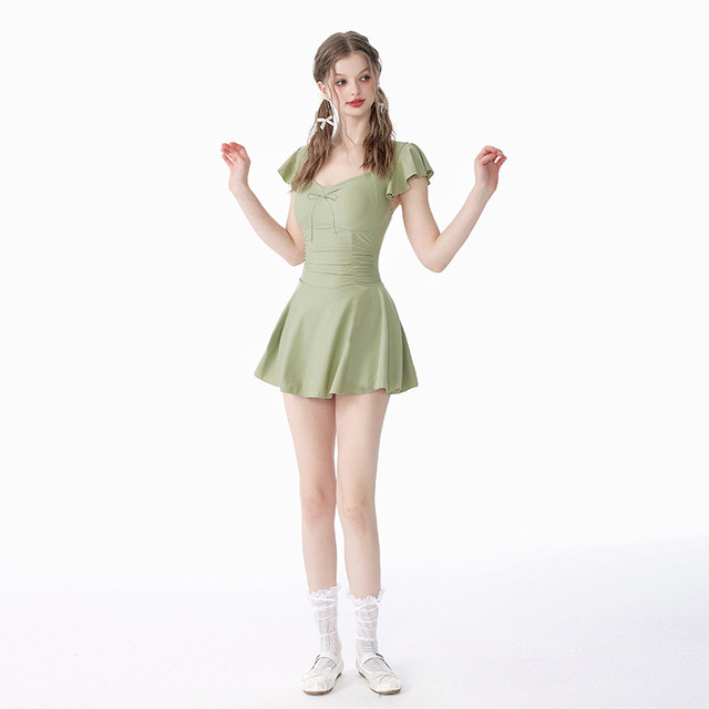 Masked cat swimsuit women's 2025 new one-piece conservative skirt style avocado green student high-end hot spring swimsuit