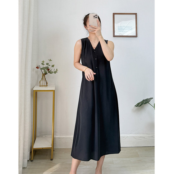 
French elegant Hepburn style heavy sand washed 100 mulberry silk dress V-neck sleeveless elegant long dress