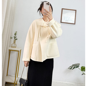 100% sheep wool Chinese style off-shoulder double-sided wool coat for women 2026 spring new high-end coat for women short style
