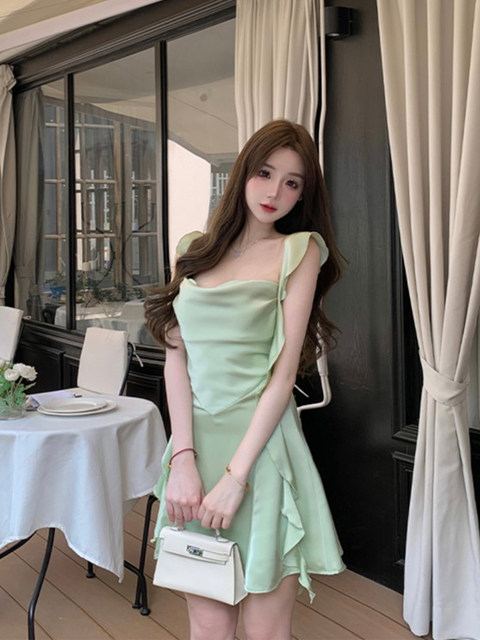 Satin dress for women Xia Lusi same dress pure sexy ruffle design slim A-line suspender skirt