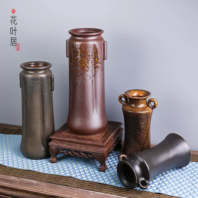 陶瓷花瓶插花中式中国传统罐双耳瓶花瓶景德镇手工禅意花器日式-Taobao
