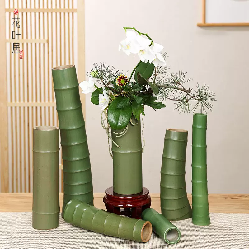 陶瓷竹筒花器復古禪意景德鎮仿真竹節花瓶中式竹根插花擺件器皿-Taobao