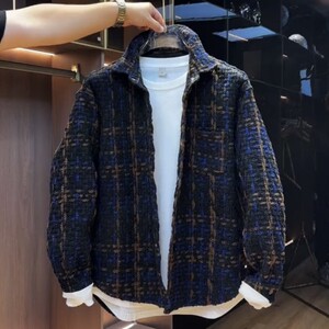 
Autumn and winter new style woven cotton houndstooth small fragrant jacket tops for couples, the same thickened lapel shirt jacket