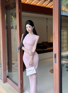 French pink dress slim and thin sleeveless knitted skirt long temperament waist-hugging skirt inner base skirt

