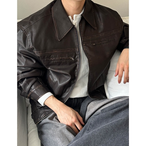 
MRDONG Korea Purchasing Men's Clothing 25 Retro Distressed Washed Leather Jacket Short Motorcycle Silhouette Heavy Industry Jacket
