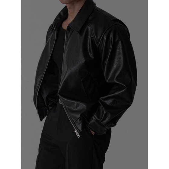 
MRDONG Korean purchasing agent men's retro motorcycle leather double zipper profile short leather casual jacket light luxury