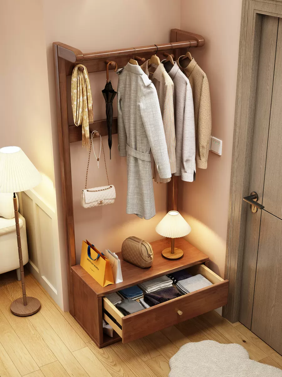 实木挂衣架换鞋凳一体入户卧室落地衣帽架简约衣架房间衣服收纳架