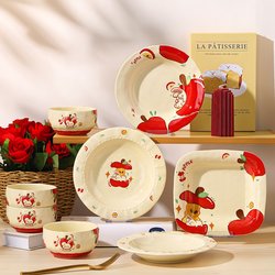 (Limited Time 20% off Days) Cartoon Christmas Apple-Themed Cute Ceramic-Free Tableware Dessert Home-Use High-Value Bowl and Plate Set