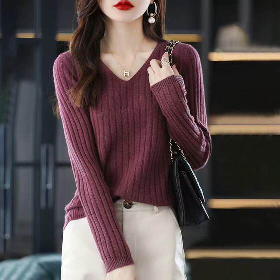 
V-neck pullover long-sleeved knitted base shirt for women's sweater versatile underwear sweater top