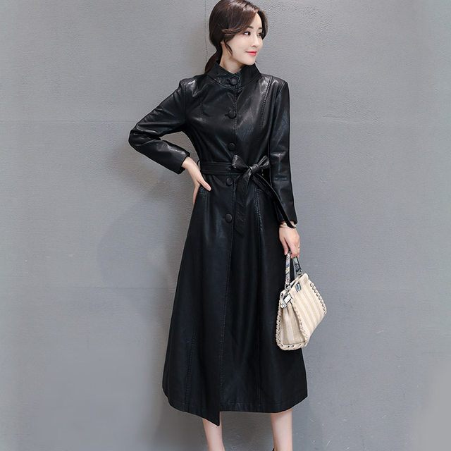 Leather Women's Mid-length Korean Slim Large Size Thicken Leather Windbreaker Jacket Women's Autumn/Winter Jacket