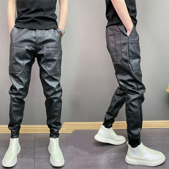 Men's trendy elastic PU leather pants windproof and waterproof six pockets multi-pocket solid color handsome slim fit casual trousers
