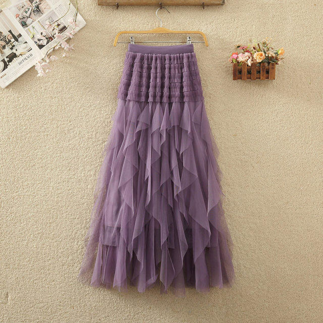 Irregular mesh skirt spring and summer women's new high -waisted puffed lotus leaf cake skirt medium long A -line skirt