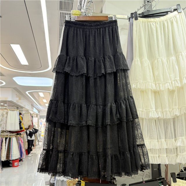 Gentle and sweet lace skirt for women in spring and summer new high-waisted ruffle skirt spliced ​​layered mesh cake skirt