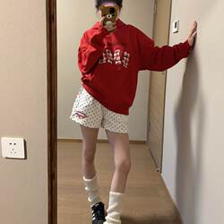 White Polka Dot Sports Shorts for Women, Summer Loose High-Waisted Letter Embroidery Casual Home Wear Three-Quarter Hot Pants