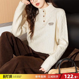 
Tangshi Spring and Autumn Off-white Cable Flower Half Cardigan Half Turtleneck Sweater Women's New Pullover Sweater Design is Niche