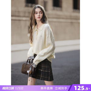 
Tang Shi Autumn and Winter POLO Sweater Women's Leader Mouth Splicing Sweater College Style Top Off-White Knitted Lazy Style