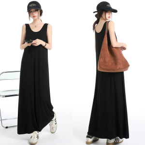 Modal long skirt A-line belly-covering suspender skirt with sleeveless vest large hem skirt loose inner base dress