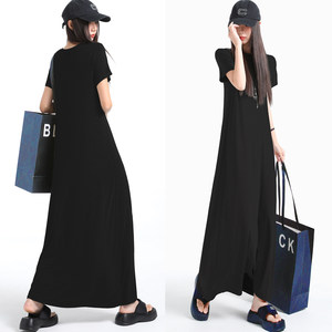 Short-sleeved modal long skirt with large slim A-line super long base loose summer casual vacation dress for women