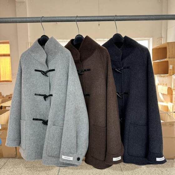 
Stand-up collar horn button double-sided wool coat for women, mid-length and small, autumn and winter new Korean style loose woolen coat