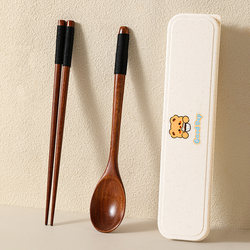 Chopsticks and Spoon Set, Wooden Portable Cutlery Box, Three-Piece Set for Office Workers and Elementary School Students, Storage Box for One Person