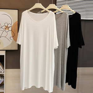 
Mid-length large V-neck T-shirt dress for women, summer lazy style long-sleeved modal dress, loose large size nightgown, maternity dress