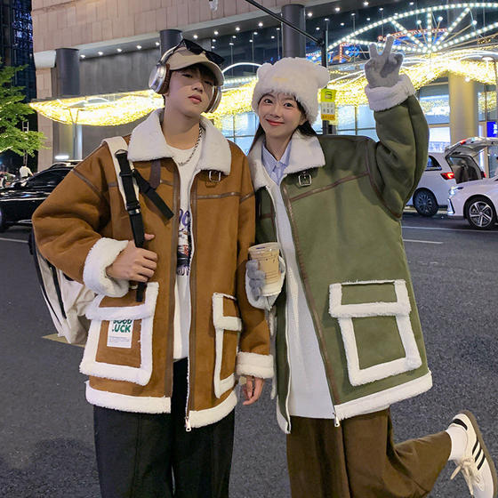 
[Boutique] New model launched 2025 winter couple wear American trendy lamb fur all-in-one cotton coat