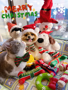 BeartoffyPet pet cat and dog Christmas dress up, knotted plush sound making toy, Santa hat and bow tie