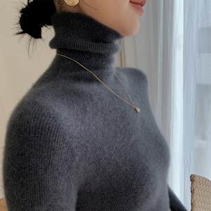 
High-neck soft waxy woolen sweater for women, knitted slim sweater, high-end dark gray autumn and winter thickened inner base layer sweater