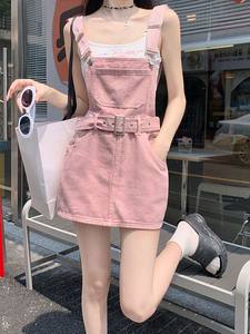 Dirty pink denim strap dress for women 2025 spring and summer new high-waisted slim small A-line short skirt trendy