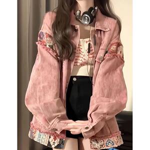 
American dirty pink washed spliced denim jacket for women spring and autumn 2026 new high-end casual jacket top