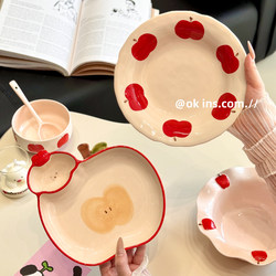 Apple Dumpling Plate with Vinegar Dish, Household Ceramic Deep Plate, Cartoon Girly Tableware, Student Breakfast Plate
