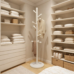 Cream-Colored Solid Wood Clothes Rack, Floor-Standing Bedroom Dressing Room Home Clothes Hanger, Space-Saving Coat Rack