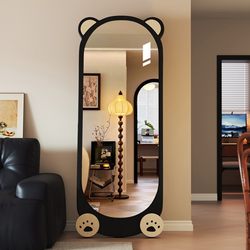 Full-Length Mirror, Floor Mirror, Home-Use Dressing Mirror, Dual-Purpose Hanging and Standing Mirror, Black Bear Vintage Style Wall-Mounted Fitting Mirror