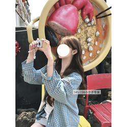 Petite Retro Plaid Polo Collar Long-Sleeve Shirt Women's Spring Casual Loose Mid-Length Shirt Jacket XS