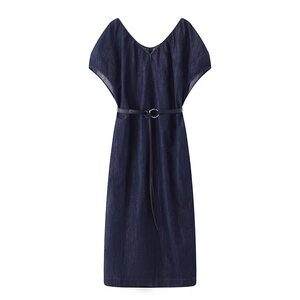 
A433 new summer style waist slimming bat short-sleeved soft thin long denim belt dress for women