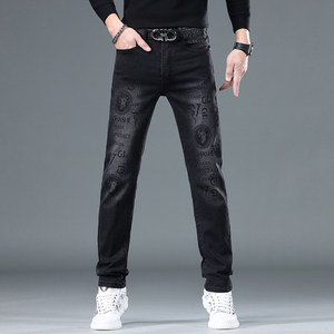 European and American high-end trendy brand black printed jeans men's 2025 autumn Korean version of slim feet elastic casual trousers