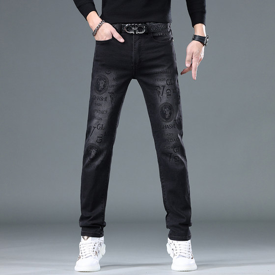 European and American high-end trendy brand black printed jeans men's 2025 autumn Korean version of slim feet elastic casual trousers