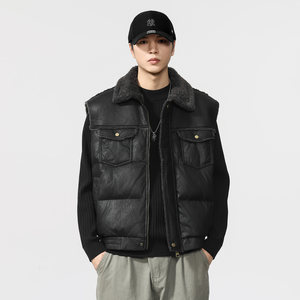 
American retro warm lamb fur collar leather vest for men 2025 winter thickened casual zipper cotton vest trendy