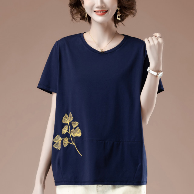 Short -sleeved T -shirt women in summer plus fertilizer, increase women's loose middle -aged mother embroidered casual cotton thin and thin