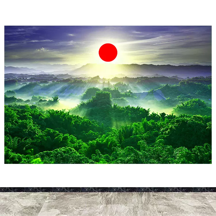 旭日東昇山林辦公室裝飾畫火紅太陽綠色樹林高山風水招財牆貼壁畫-Taobao 