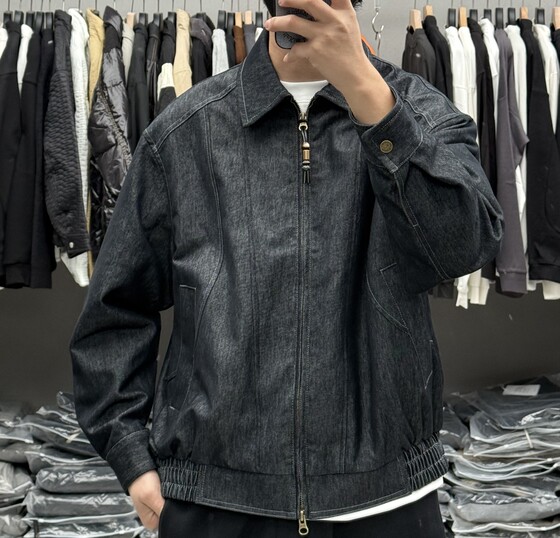
American retro washed topstitched lapel denim blue denim jacket men's spring casual all-match trendy jacket