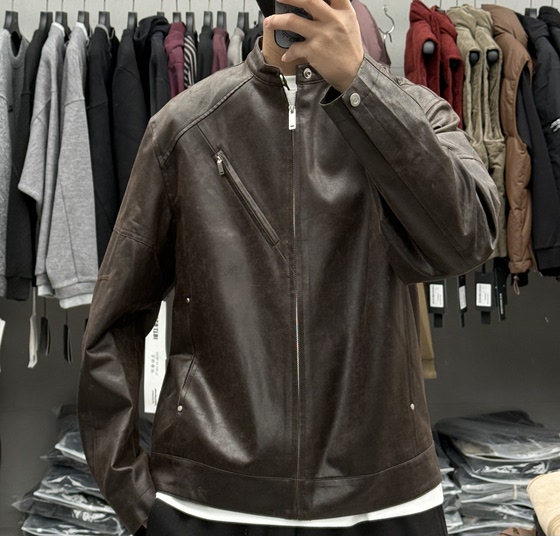 
American retro color-washed stand-up collar Pu leather jacket for men in spring loose and handsome motorcycle jacket trendy