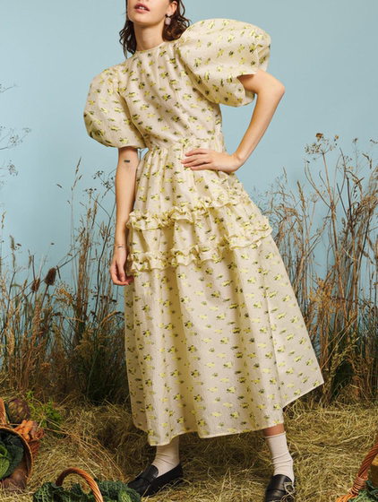 
Dress for women spring and summer new style floral chiffon embossed tutu skirt puff sleeves high waist waist backless fairy long skirt