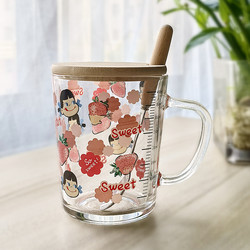 ins Glass Cup with Cartoon Print, Straw Cup with Lid and Spoon, Graduated Milk Cup, High-Quality Breakfast Cup, Cute Gift