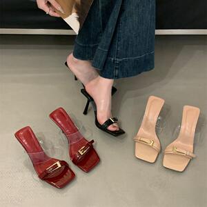 
Square toe thin heel belt buckle transparent slippers for women 2026 spring and summer new high heels outer wear fashion sandals