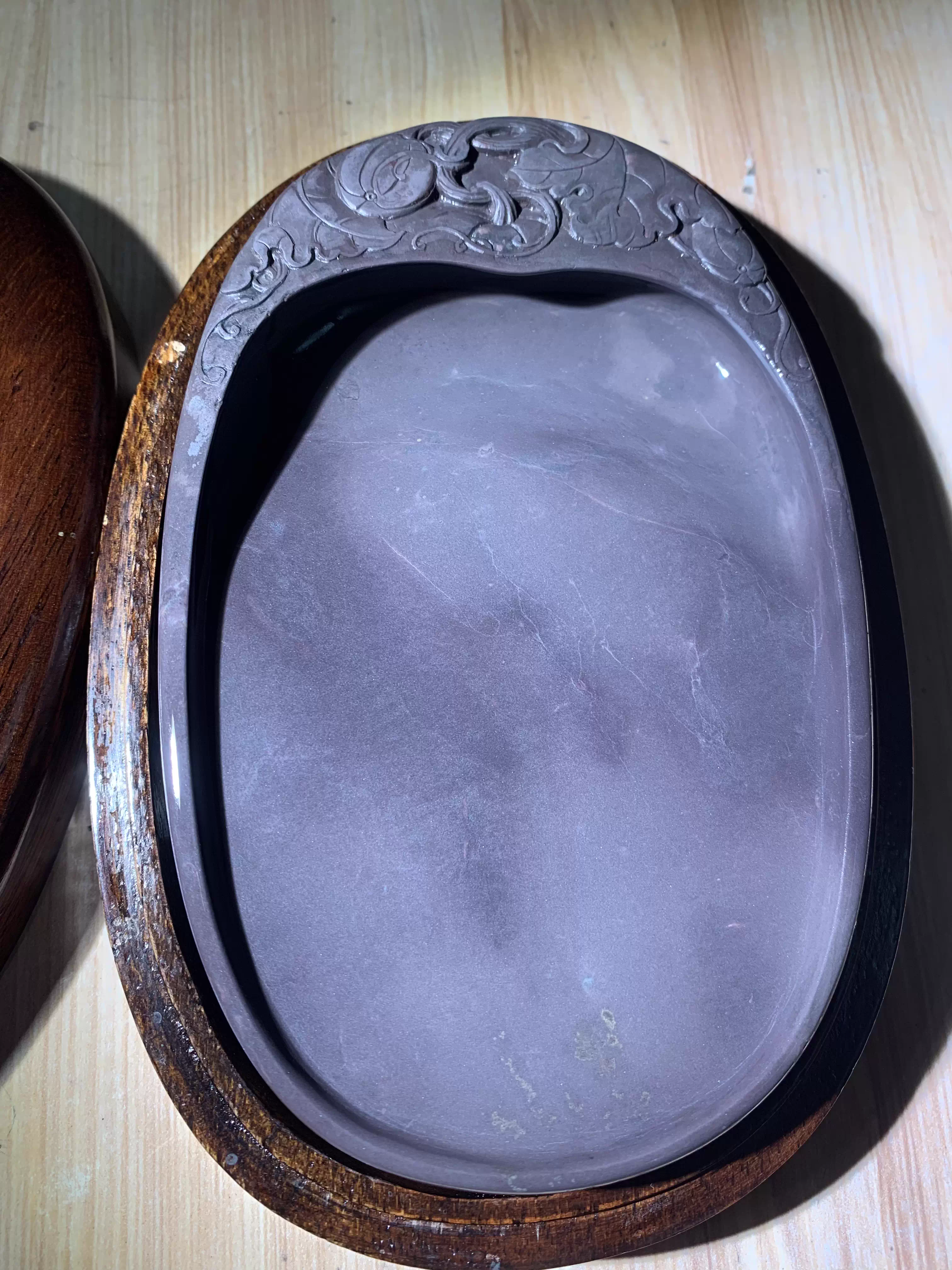 旧家蔵出『清 老坑端硯 インコ寿桃紋文房端渓硯 孫岳頒