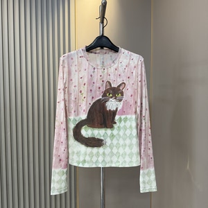 
European goods 2026 spring and summer new fashion hand-painted cat contrasting color thin long-sleeved net shirt women's foreign style top bottoming shirt