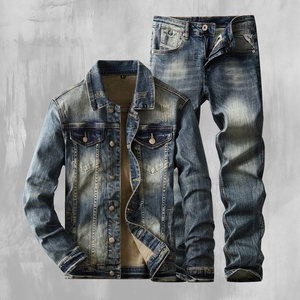 Autumn and winter retro old denim outer set Men's high -end trendy lapel skid slim straight jeans trousers